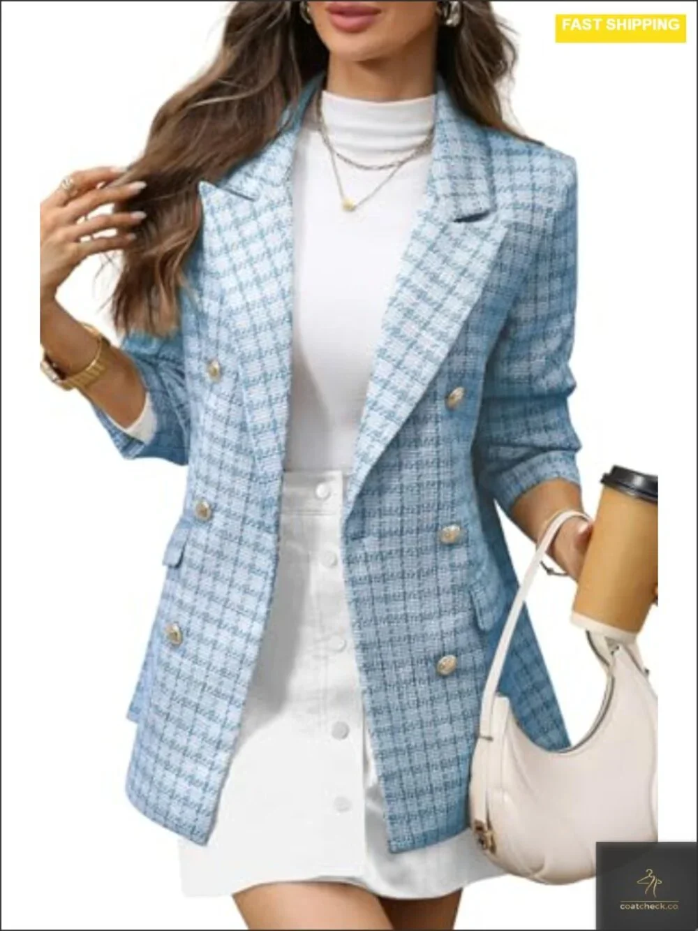 Women's Oversized Plaid Tweed Blazer Boyfriend Style Double Breasted